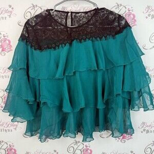 Max long sleeve tiered ruffles frills lace Teal and Black Lace Ruffle Top